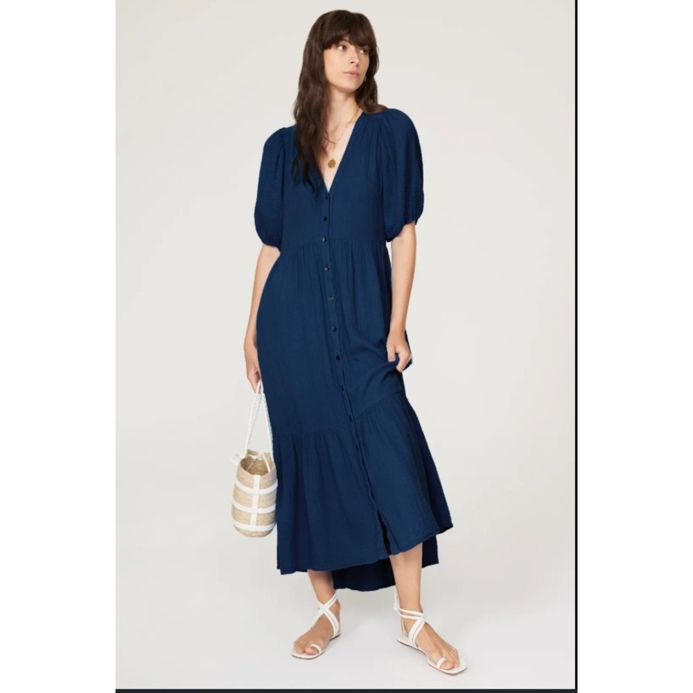 Xirena Lennox Cotton Gauze Midi Dress Navy Blue Puff Sleeve Small